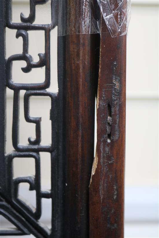 A Chinese hardwood framed fire screen, Emb. panel H.52cm,W.41cm